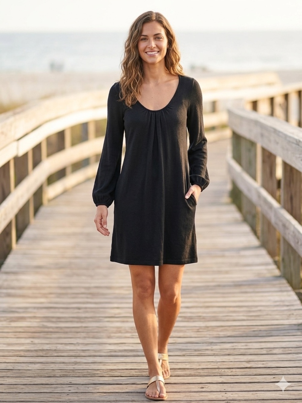 Michael Stars Black Long Sleeve Scoop Neck Dress